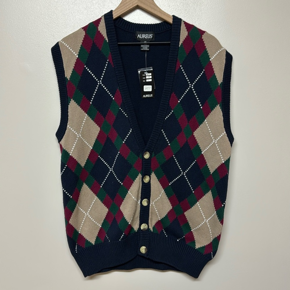 Vintage Aureus Button Front‎ Vest Argyle Pattern Sz Large Dead stock Grandpa